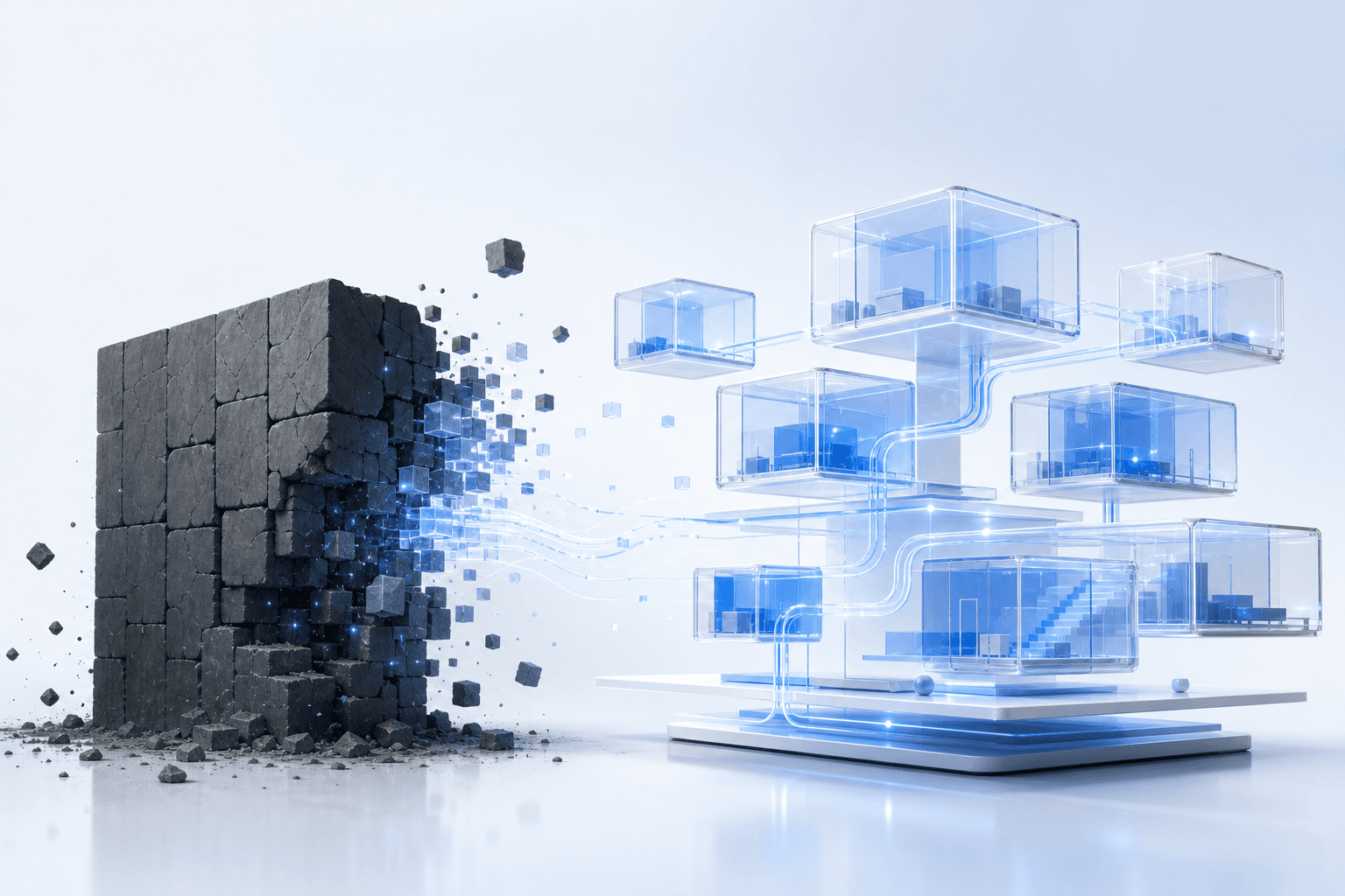 Abstract illustration of legacy systems transforming into modern services